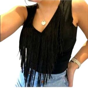 ANGL Black Fringe Sleeveless Body Suit plunging neck boho western cowgirl top